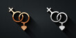 Gold and silver Gender icon isolated on black background. Symbols of men and women. Sex symbol. Happy Valentines day. Long shadow style. Vector