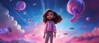 © TheWaterMeloonProjec - In the background of a vast and captivating sky a curious girl a child full of wonder gazes at the stars and dreams of exploring the cosmic space With a cute and vibrant pink spacesuit this