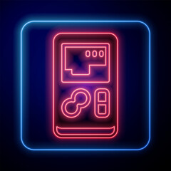 Poster - Glowing neon Portable video game console icon isolated on black background. Handheld console gaming. Vector