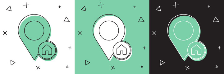 Poster - Set Map pointer with house icon isolated on white and green, black background. Home location marker symbol. Vector