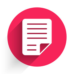 Poster - White File document icon isolated with long shadow background. Checklist icon. Business concept. Red circle button. Vector