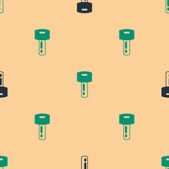 Poster - Green and black Car key with remote icon isolated seamless pattern on beige background. Car key and alarm system. Vector