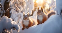 Fluffy Squirrels' Winter Forest Frolic. Squirrels In The Heart Of A Fabulous Winter Forest. Generative AI
