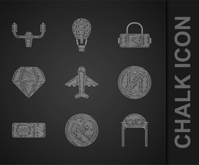 Set Plane, Radar with targets on monitor, Aviator hat goggles, No cell phone, Airline ticket, Parachute, Suitcase and Aircraft steering helm icon. Vector