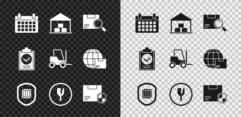 Wall Mural - Set Calendar, Warehouse, Search package, Delivery security with shield, Fragile broken glass, Verification of delivery list clipboard and Forklift truck icon. Vector