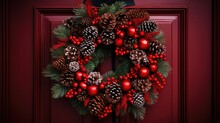  A Christmas Wreath On A Red Door With Pine Cones, Berries, And Berries On The Front Of The Wreath.  Generative Ai