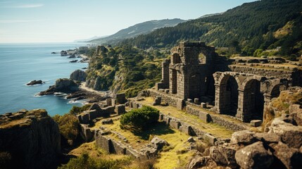 Poster -  the ruins of a castle overlooking a body of water with a cliff in the foreground and a mountain in the background.  generative ai