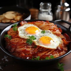 Poster -  two fried eggs on top of bacon in a skillet with a side of potato wedges on the side.  generative ai