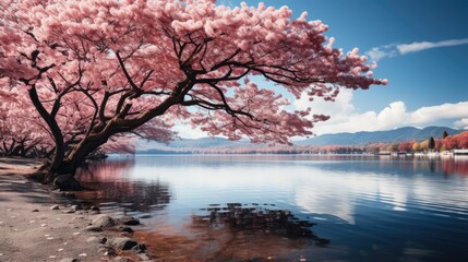 Poster -  a tree that is next to a body of water with a lot of pink flowers growing on the branches of it.  generative ai