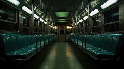 Poster -  a view of a train's empty seats in a dimly lit train car with lights on the side of the seats.  generative ai