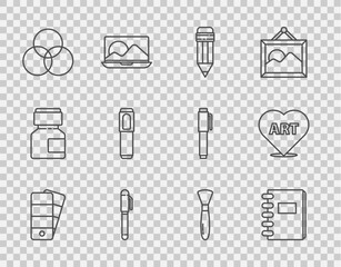 Poster - Set line Palette, Spiral notebook, Pencil with eraser, RGB and CMYK color mixing, Marker pen, Paint brush and Heart text art icon. Vector