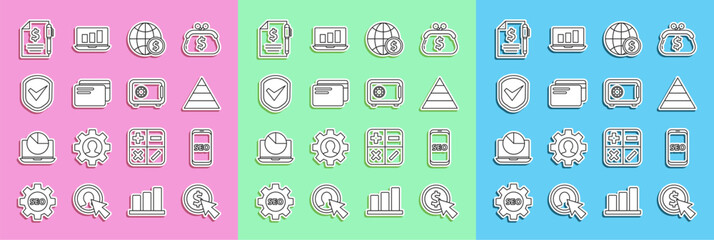 Poster - Set line Cursor and coin, Mobile phone SEO optimization, Pyramid chart infographics, Earth globe with dollar, Credit card, Shield check mark, Contract money pen and Safe icon. Vector