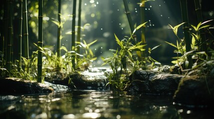 Poster -  a stream running through a lush green forest filled with lots of tall grass and bamboo trees next to a lush green forest filled with lots of tall grass.  generative ai