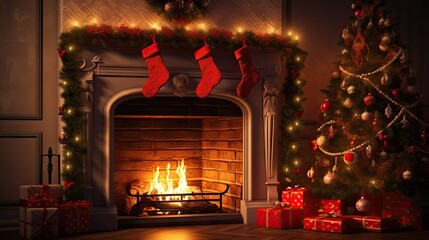 Poster -  a fire place with a christmas tree, presents, and a christmas stocking hanging on it's mantle.  generative ai