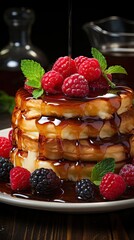 Wall Mural -  a stack of pancakes with syrup, raspberries, and syrup on a white plate on a wooden table.  generative ai