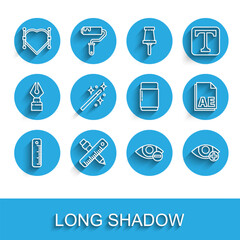 Poster - Set line Ruler, Crossed ruler and pencil, Heart with Bezier curve, Red eye effect, Magic wand, AE file document and Eraser or rubber icon. Vector