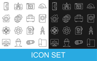 Poster - Set line Graphing paper for engineering, Drawing compass, User manual, House plan, Globe of the Earth and gear, with, Setting on smartphone and Toolbox icon. Vector