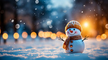 Snowy Christmas Background With Laughing Snowman, Wool Hat, Scarf, And Sunlit Bokeh