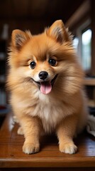  a small brown and white dog sitting on top of a wooden table with its tongue out and it's tongue hanging out.  generative ai