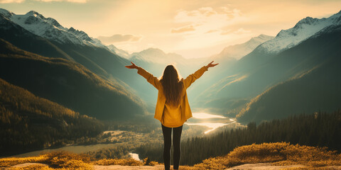 Rear view happy tourist enjoying autumn in forest. Woman takes mental wellbeing from nature during a mountain hike, generative ai