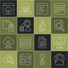 Poster - Set line Social network, Cloud technology data transfer, Search concept with folder, Software, Network cloud connection, Folder and lock, Failed access storage and Data export icon. Vector