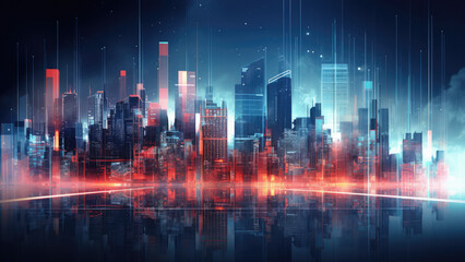 Poster - nighttime urban skyline with illuminated skyscrapers and cityscape. technology in city architecture