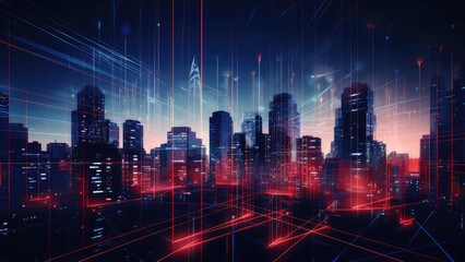 Poster - nighttime urban skyline with illuminated skyscrapers and cityscape. technology in city architecture