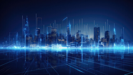 Poster - nighttime urban skyline with illuminated skyscrapers and cityscape. technology in city architecture