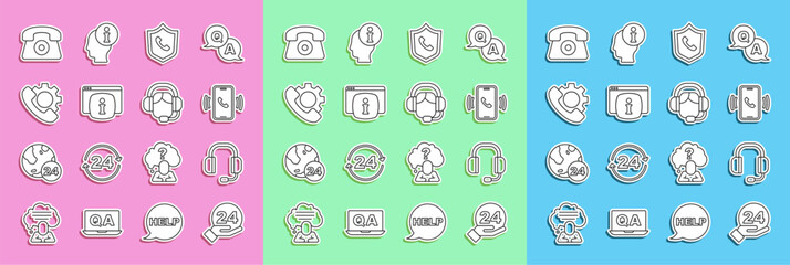 Poster - Set line Telephone 24 hours support, Headphones, Monitor with FAQ information, and Woman headset icon. Vector
