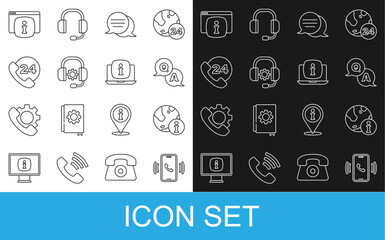 Poster - Set line Telephone 24 hours support, Information, Question and Answer, Speech bubble chat, Headphones, Monitor with FAQ information and Laptop icon. Vector