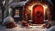 The house entrance is a gateway to a season of celebration, traditional decorations marking the start of a wonderful December. A red door stands as welcoming entryway at Christmas. Generative AI.