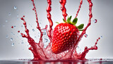 Fototapeta  - Big fresh strawberry fruit floating on splashes and waves of strawberry pulp and juice