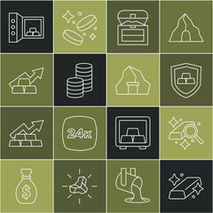 Poster - Set line Gold bars, with shield, Antique treasure chest, coin money, Growth arrow gold, Safe and mine icon. Vector