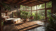 © IC Production - Eco-lodge hotel interior with tropical forest view, creating a serene and relaxing ambiance, surrounded by the nature, 3d render. Decor concept. Real estate concept. Art concept.