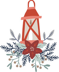 Wall Mural - Christmas floral composition, bouquet. Poinsettia,fir tree branches, erries. Old red lantern with burning candle. Hand drawn vector illustration. Isolated natural element for greeting card, invitation
