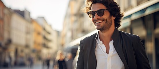 In the background of a bustling city people travel in style showcasing their fashionable outfits inspired by nature A man with a joyful smile strolls through the vibrant streets of spring hi