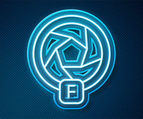 Poster - Glowing neon line Camera shutter icon isolated on blue background. Vector