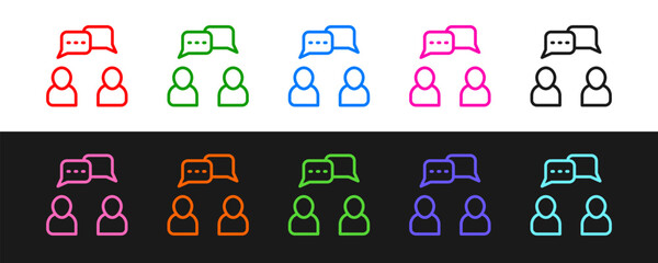 Poster - Set line Speech bubble chat icon isolated on black and white background. Message icon. Communication or comment chat symbol. Vector