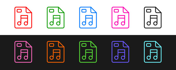 Poster - Set line MP3 file document. Download mp3 button icon isolated on black and white background. Mp3 music format sign. MP3 file symbol. Vector