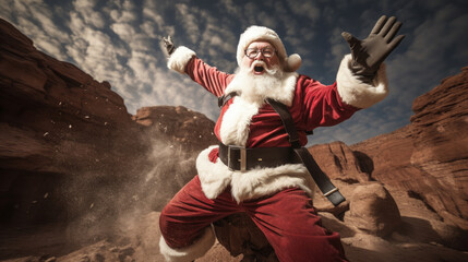  ? person dressed as Santa Claus, with a joyous expression, waving hands, wearing a traditional red and white suit