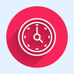 Poster - White line Clock icon isolated with long shadow background. Time symbol. Red circle button. Vector