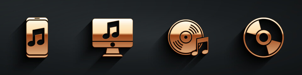 Poster - Set Music player, Computer with music note, Vinyl disk and CD or DVD disk icon with long shadow. Vector