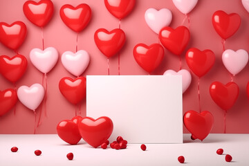 Wall Mural - Valentine's day background with red and pink hearts like balloons on pink background, flat lay