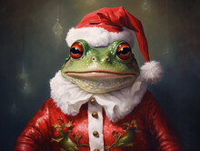 An Oil Painting Portrait Of A Frog Dressed Like Santa Claus In A Christmas Setting