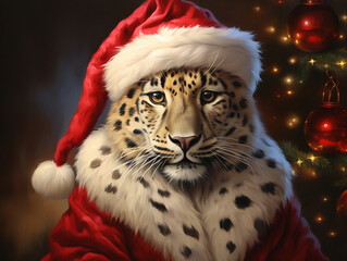 Canvas Print - An Oil Painting Portrait of a Leopard Dressed Like Santa Claus in a Christmas Setting