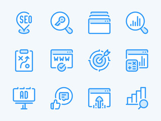Poster - Search Engine Optimization vector line icons. SEO and Business research outline icon set. Target Audience, Strategy, Marketing, Outdoor Advertising, Keyword, SMM and more.