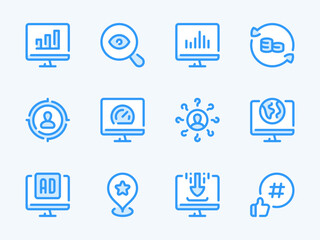 Poster - Search Engine Optimization vector line icons. SEO and Business research outline icon set. Research, Target Audience, Marketing, Statistics, Performance, Online Advertising and more.