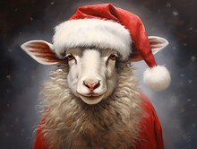 An Oil Painting Portrait Of A Sheep Dressed Like Santa Claus In A Christmas Setting