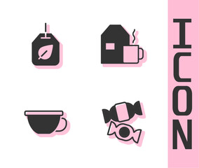 Wall Mural - Set Candy, Tea bag with leaf, Cup of tea and milk icon. Vector