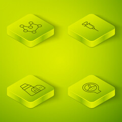 Poster - Set Isometric line Syringe, Power station plant, Gauge scale and Chemical formula icon. Vector